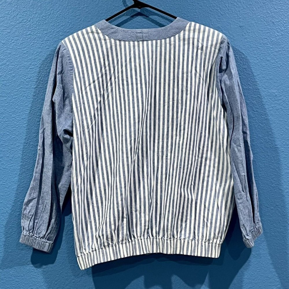 Vintage 80s Blue White Striped Cotton Pearl Button Oversized Jacket Women Medium - Picture 2 of 16
